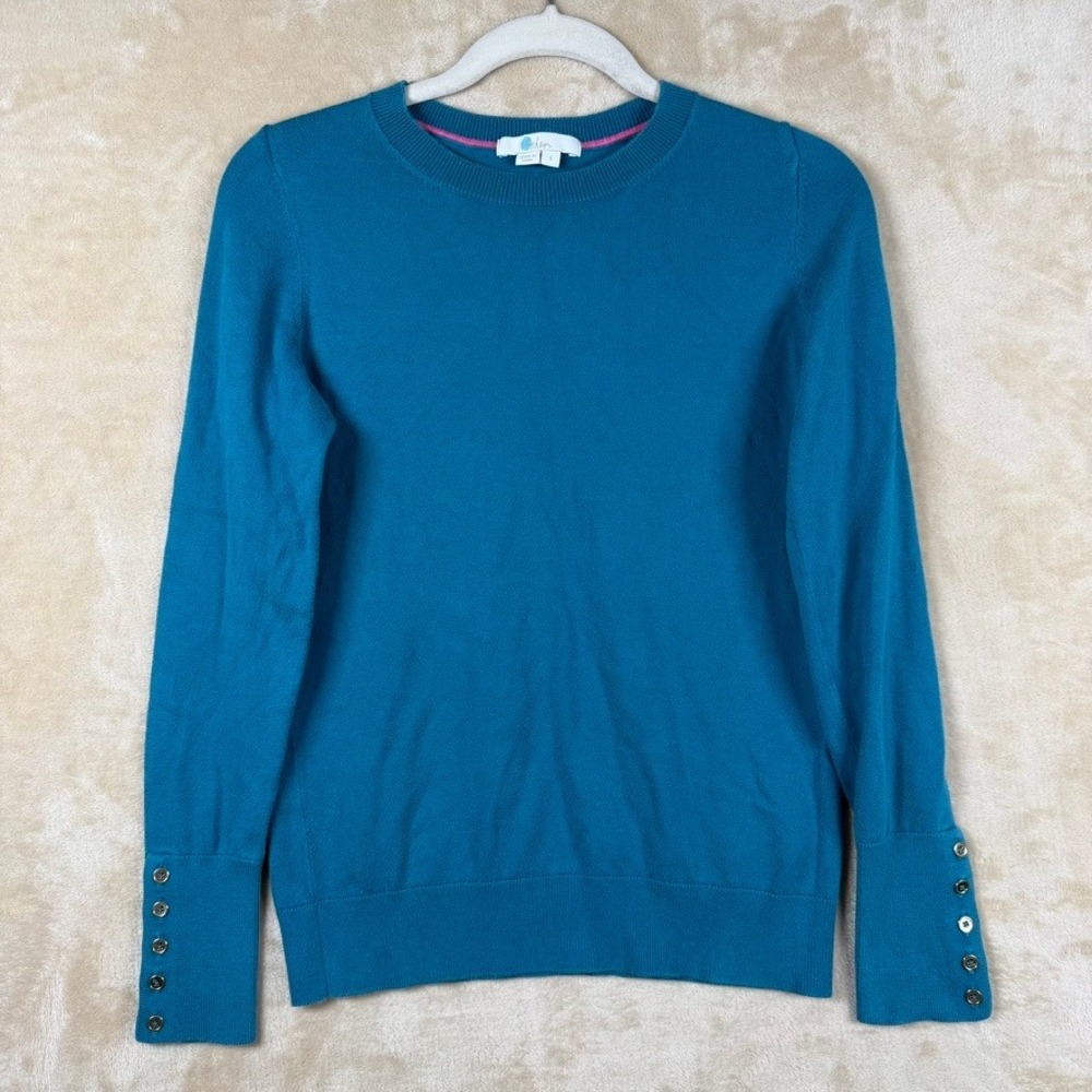 Boden Womens S Teal Blue Cotton Blend Button Cuff Crew Neck Sweater Classic